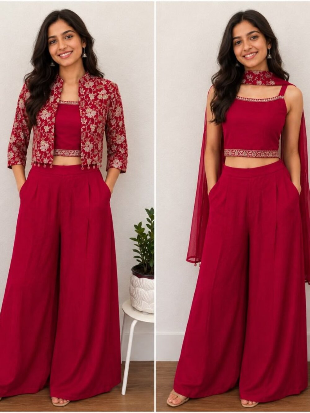 Maroon Red Indo Western Palazzo Pant Set Embroidered Crop Top Jacket Dupatta